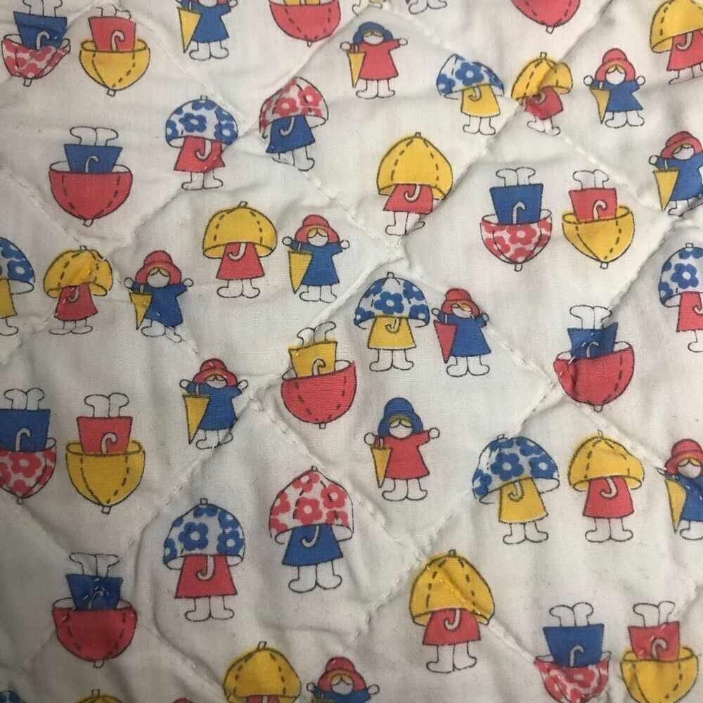 VTG Quilted Baby Blanket Umbrella Raincoat Novelty Print White Red Blue 34x34